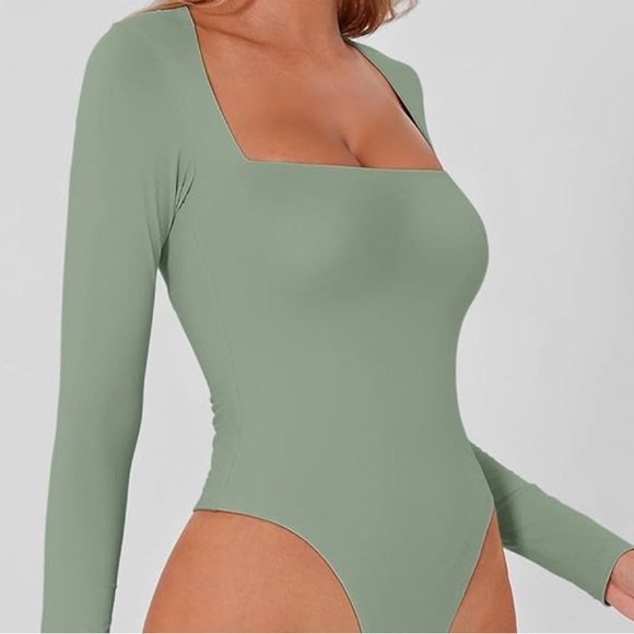 Qinsen Square Neck Long Sleeve Bodysuit | Smoke Green | NWOT - Picture 3 of 7